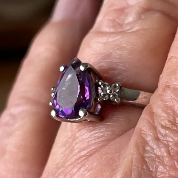 Purple Genuine Pear Cut Amethyst Ring 8 - Picture 3 of 5